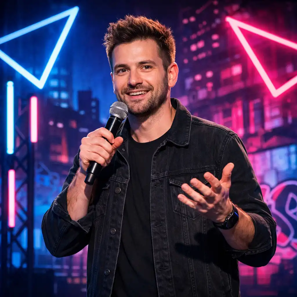 Magyar stand-up humorista vibráló városi fények előtt