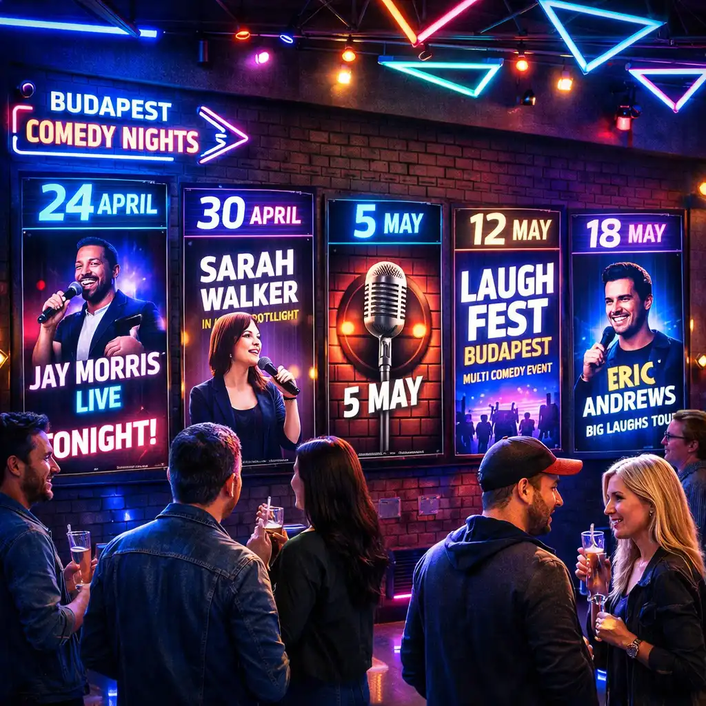 Városi stand-up comedy események idővonala neon fényekkel