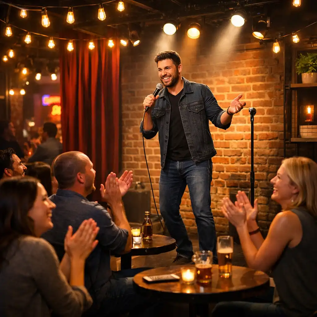 Stand-up comedy show közönsége városi klubban, reflektorokkal és színpaddal