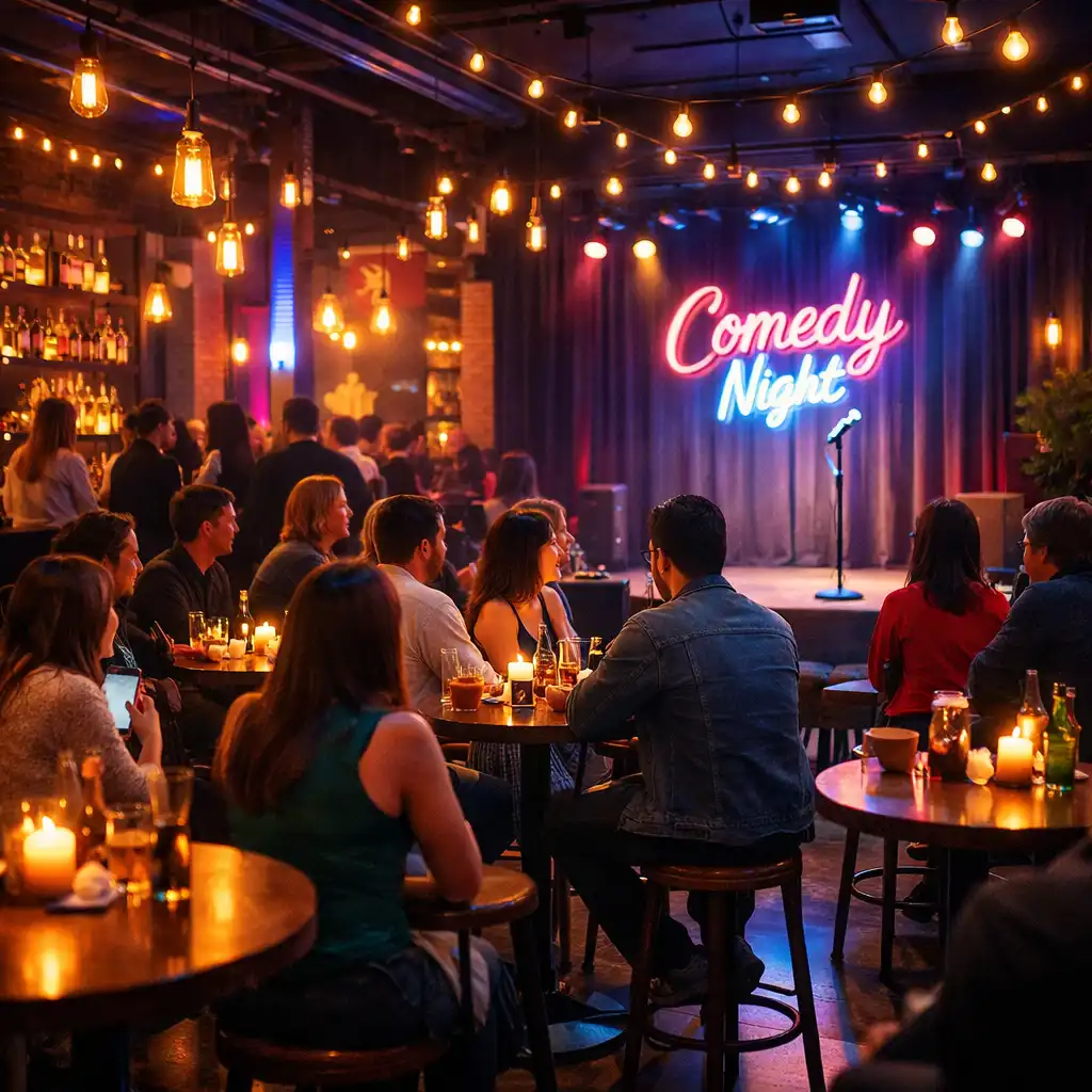 Modern budapesti comedy klub neon fényekkel és társasági hangulattal