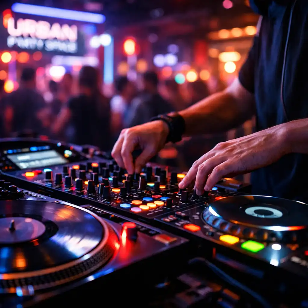 DJ pult éjszaka, városi fénypanorámával és modern vizuálokkal