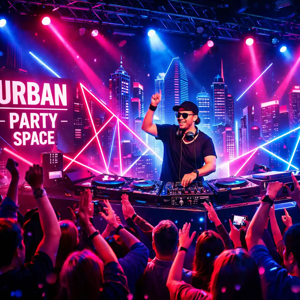 DJ pult és városi éjszakai buli