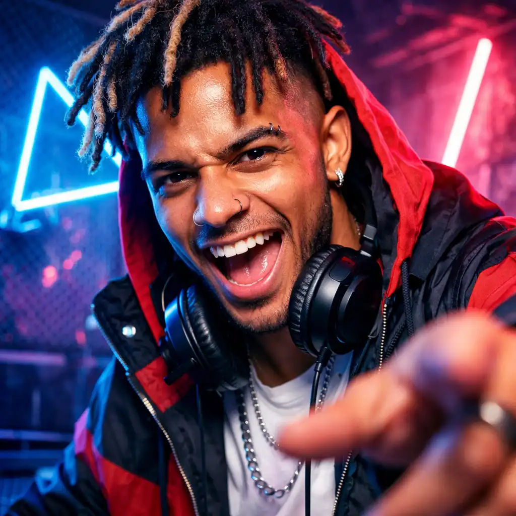 Portré egy budapesti DJ-ről neon fényekkel és városi háttérrel