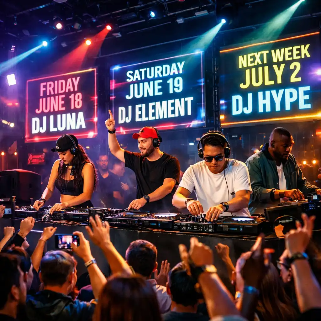 Idővonal-szerű DJ esemény lineup vizuális ábrázolása neon fényekkel