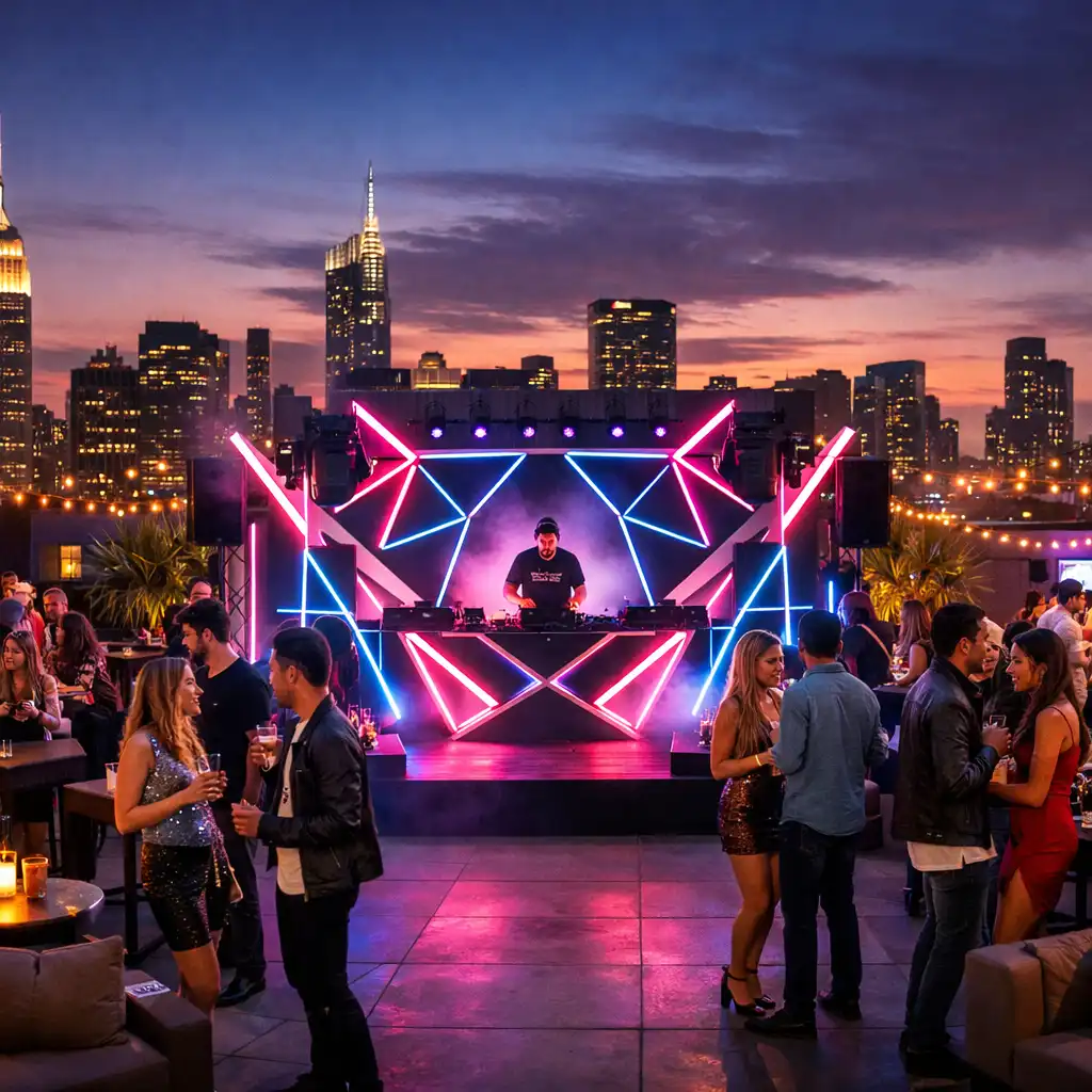 Budapesti rooftop DJ helyszín városi panorámával és éjszakai fénnyel