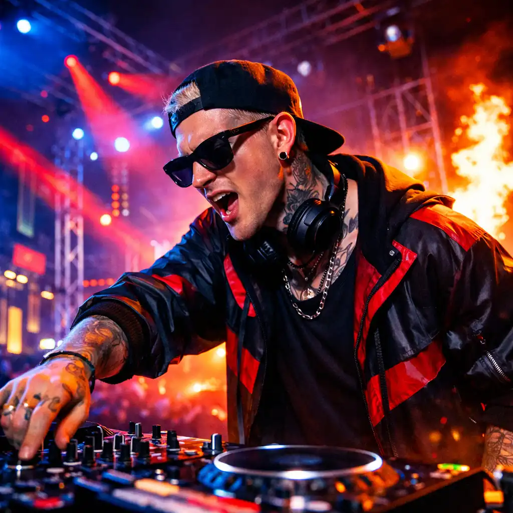DJ pult mögött álló fellépő neon fényekkel és fesztiválközönséggel