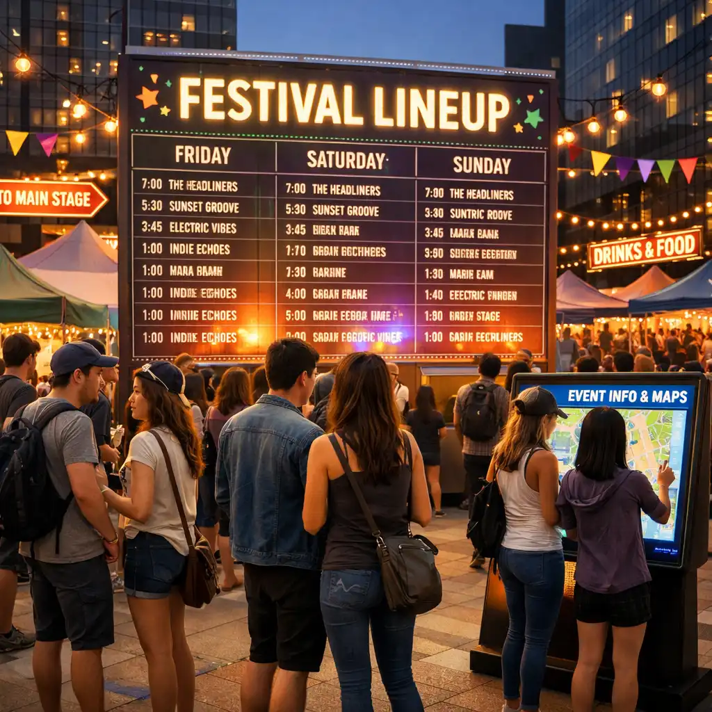 Fesztivál lineup plakátok és vizuális galéria urbánus környezetben