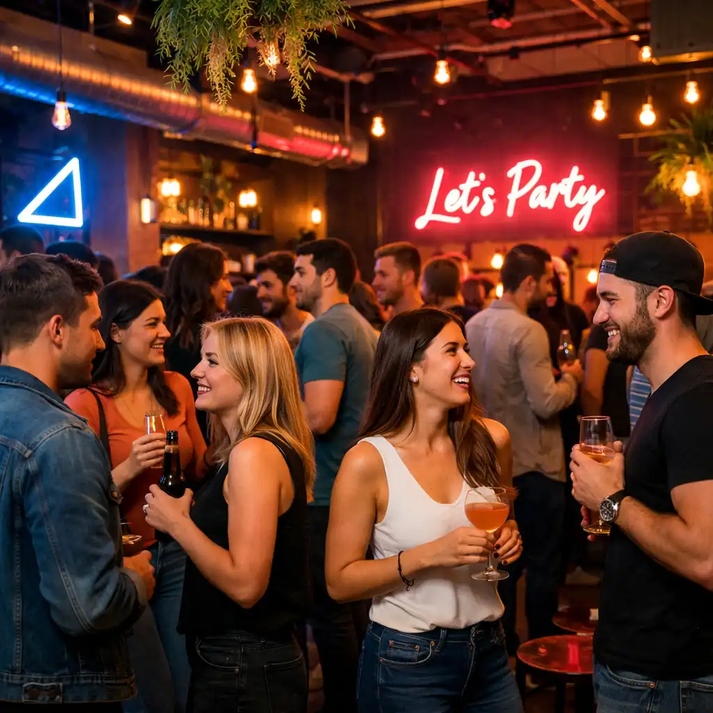 Baráti társaság és networking zóna hangulatos fényekkel egy URBAN PARTY SPACE loft helyszínen