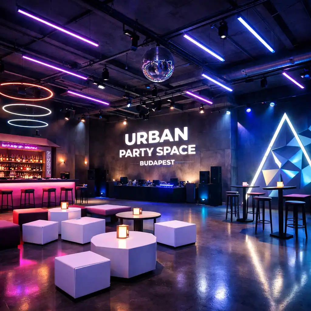 Modern, geometrikus enteriőrrel kialakított URBAN PARTY SPACE belső tér, ambient fényekkel és lounge zónákkal