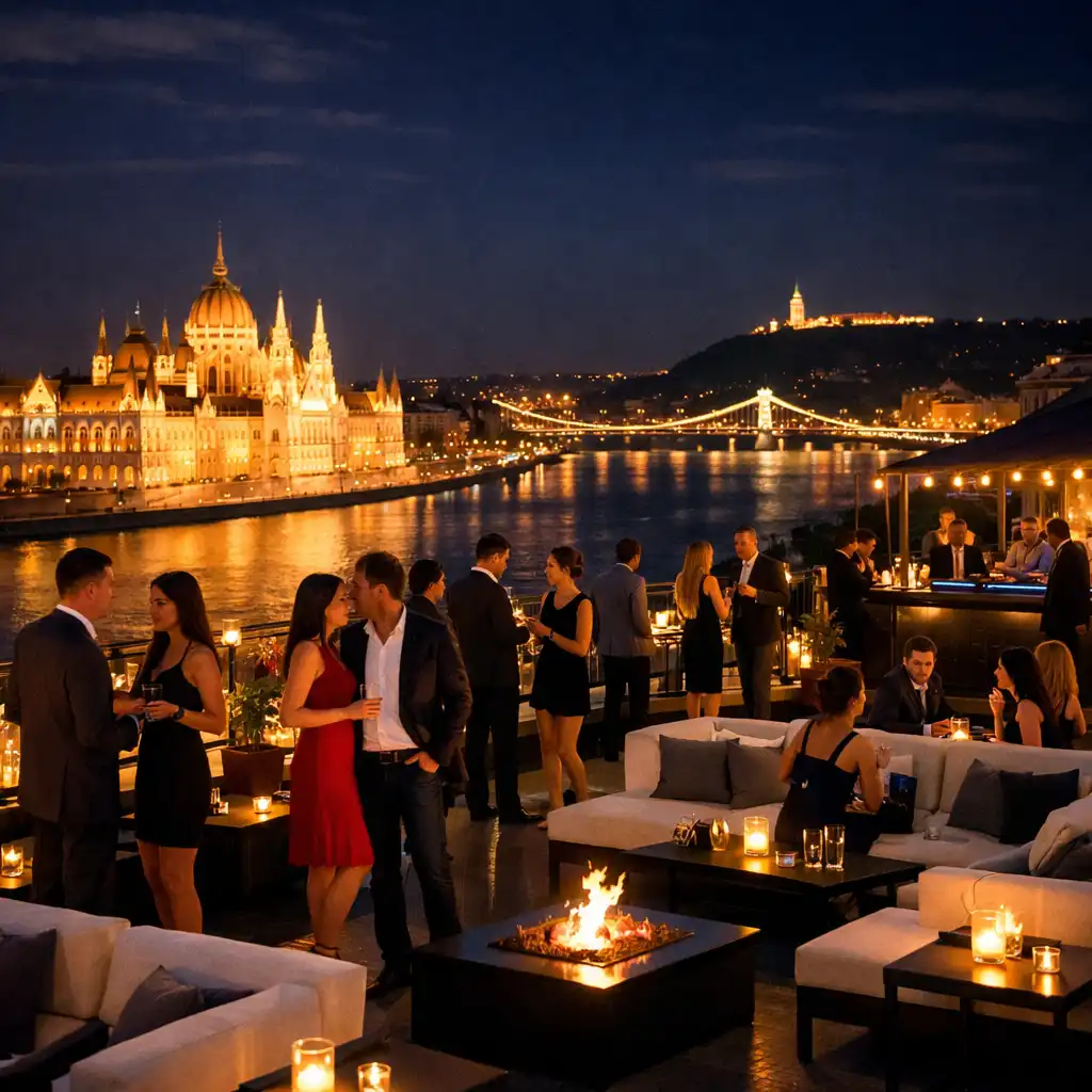 Budapesti rooftop helyszín éjszaka, városi fénypanorámával és táncoló vendégekkel