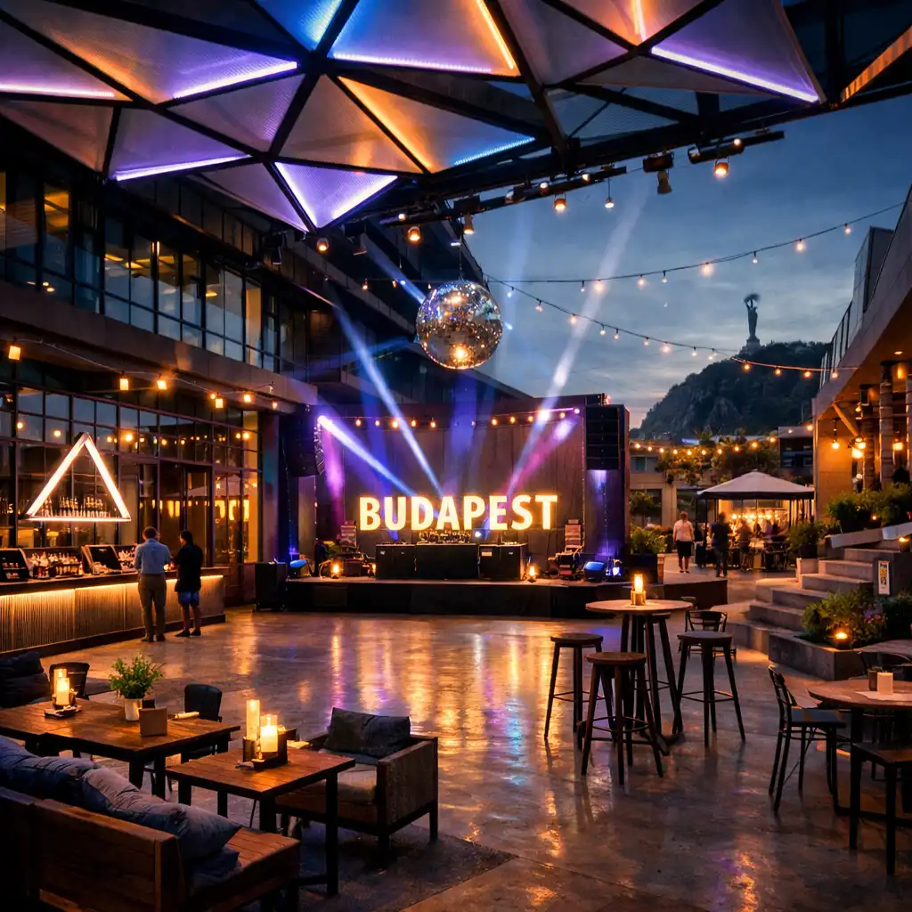 Modern városi venue belső tér installációkkal